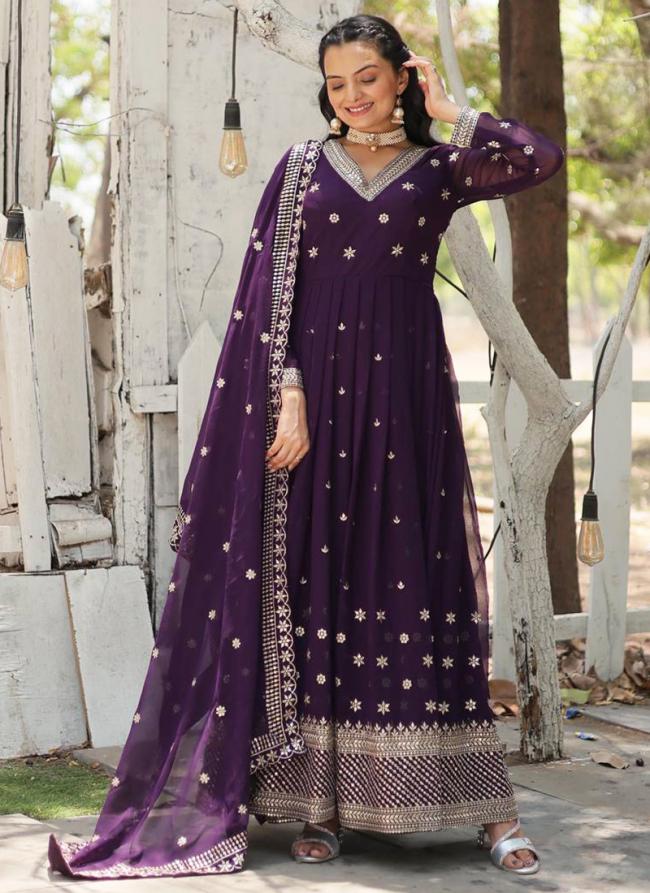 Faux Georgette Purple Wedding Wear Embroidery Work Readymade Gown With Dupatta